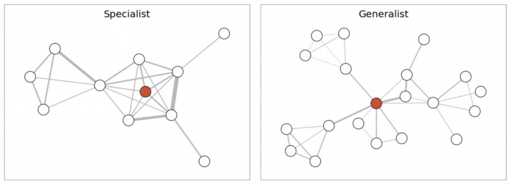 Generalists have larger, more open networks, while specialists have smaller, more closed networks characterized by repeated collaborations (c) Complexity Science Hub