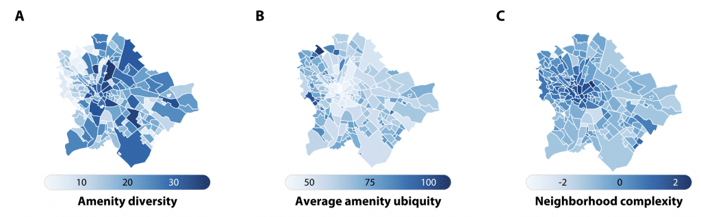 Map of Budapest colored by (A) the amenity diversity (B) the average amenity ubiquity (C) the amenity complexity of neighborhoods.